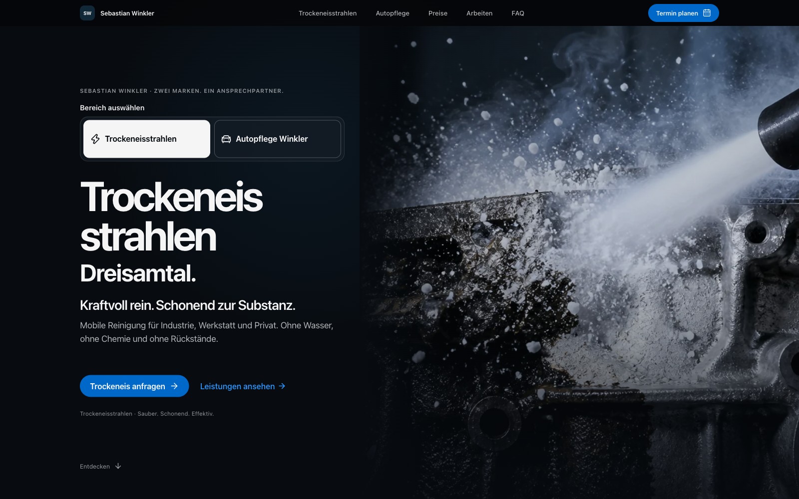 Startseite der gebauten Webseite Trockeneisstrahlen Dreisamtal